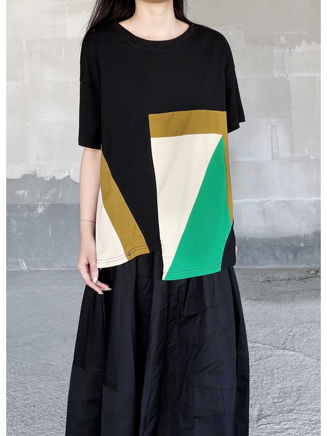 Geometric color block paneled loose T-shirt [T2943]