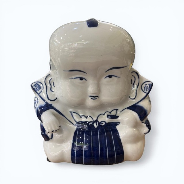 福助 貯金箱 青 コインバンク 小銭入れ 金運 商売繁盛 幸運 インテリア 陶器 シンプル ギフト 開店祝い h1111c
