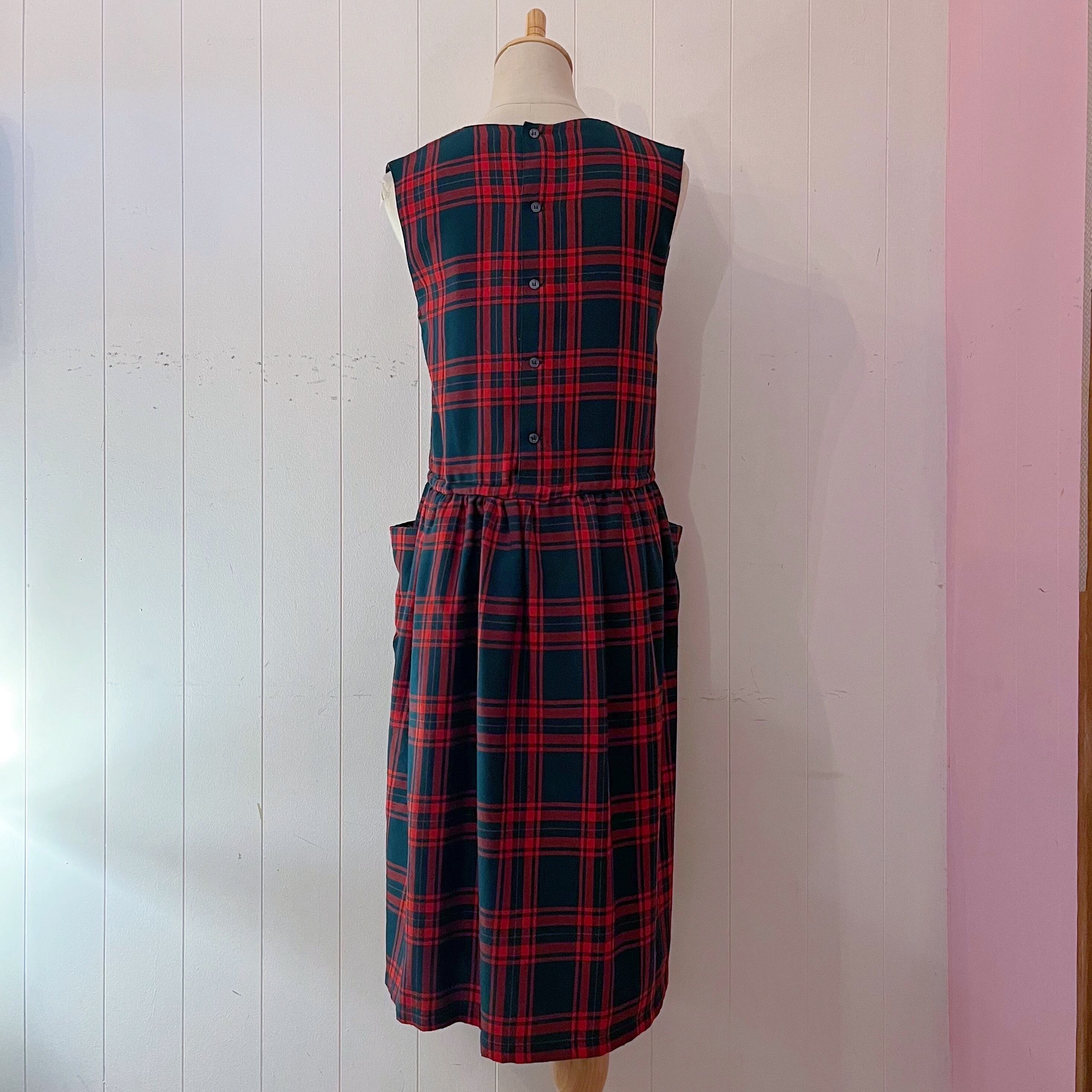 red check back button jumper skirt