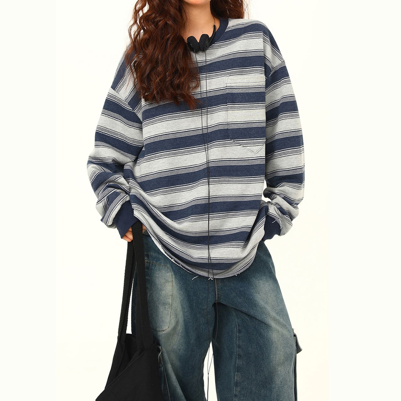 ボーダーパネルポケットルーズトップス R00699