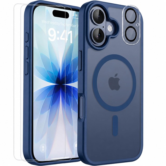 KOWEDYA iPhone 17 ケース MagSafe対応 強化ガラスフィルム2枚 レンズ保護フィルム1枚付き マグネット搭載 ワイヤレス充電対応 TPU PC 半透明 耐衝撃 薄型 指紋防止 滑り止め 6.3インチ ダークブルー