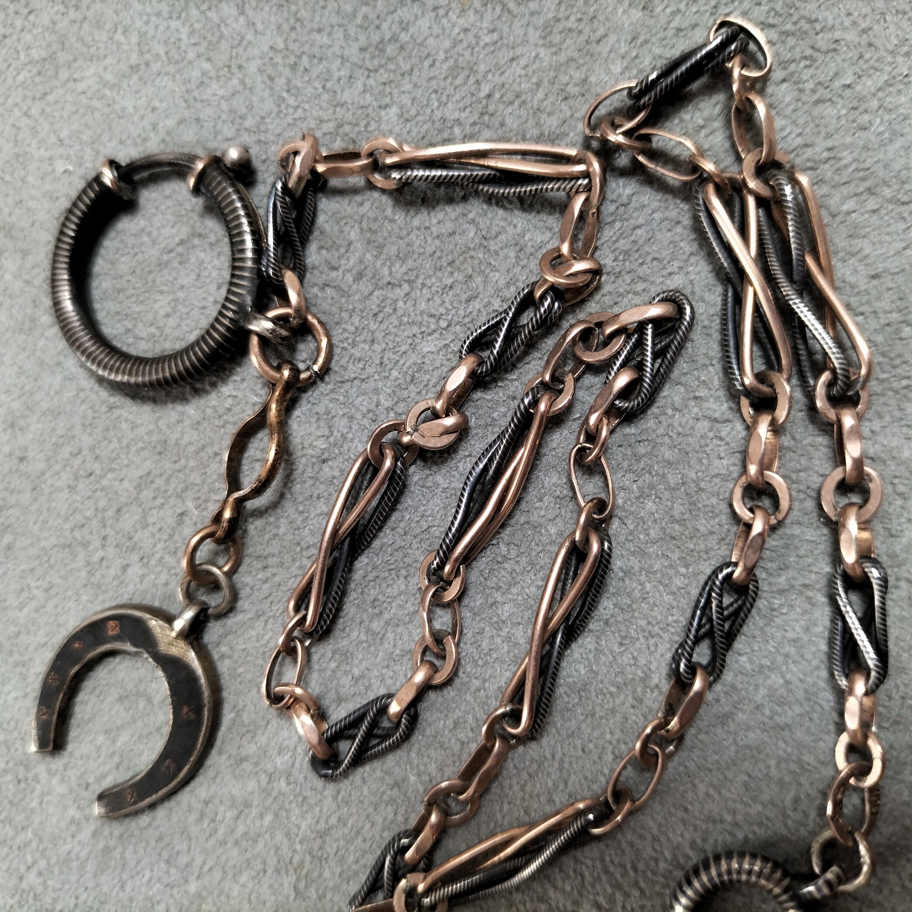 Long Niello Silver & Vermeil Horseshoe pendant Watch Chain