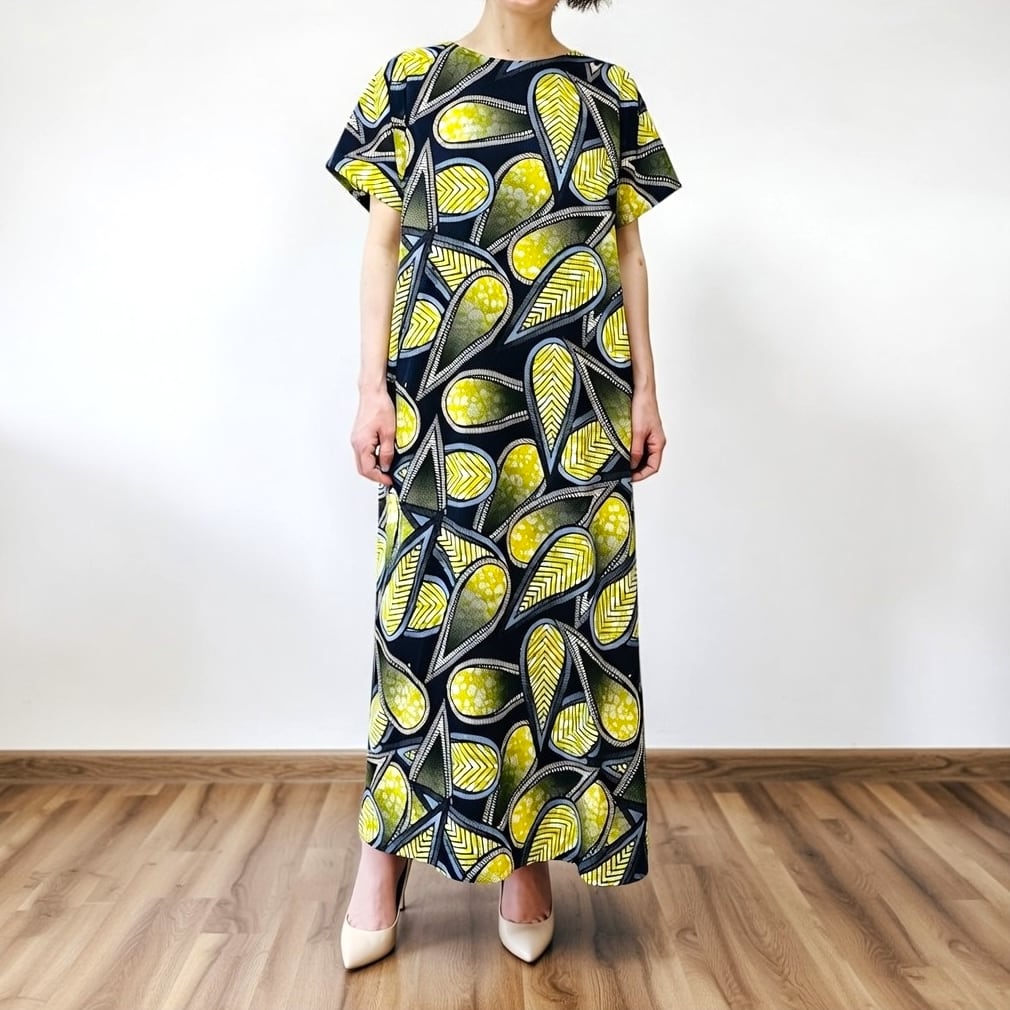フレンチスリーブワンピース/マキシ丈/アフリカンプリント/Teardrop