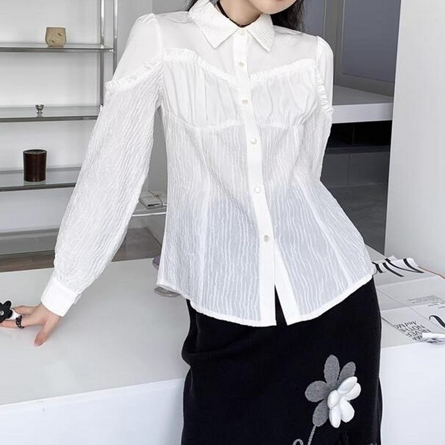 elegant girly ruffle white shirt tops 0107