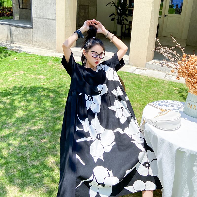 プリントドレス サマーロングスカート スリム薄手Aライン 大きめサイズ 夏物 ラブタオタオダレンハウス52162757589