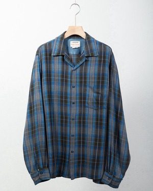 vintage check patterned open collar rayon shirt / SIZE:16-16 1/2