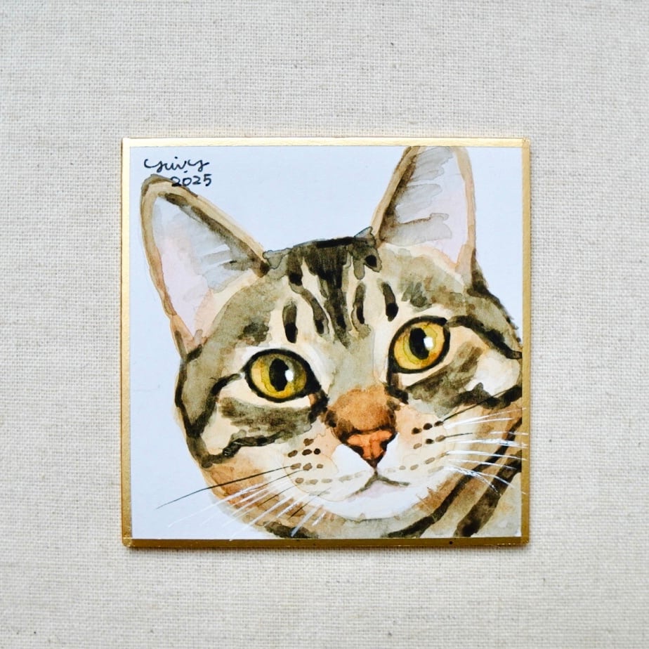猫の絵 383 水彩画 原画 ミニ色紙 キジトラ | Forest cat