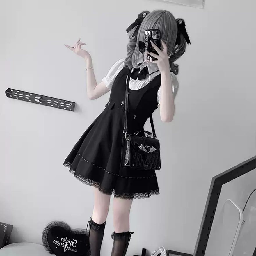 地雷系 セットアップ JSK フリル×ネックリボン 半袖｜WithU | ゴスロリ