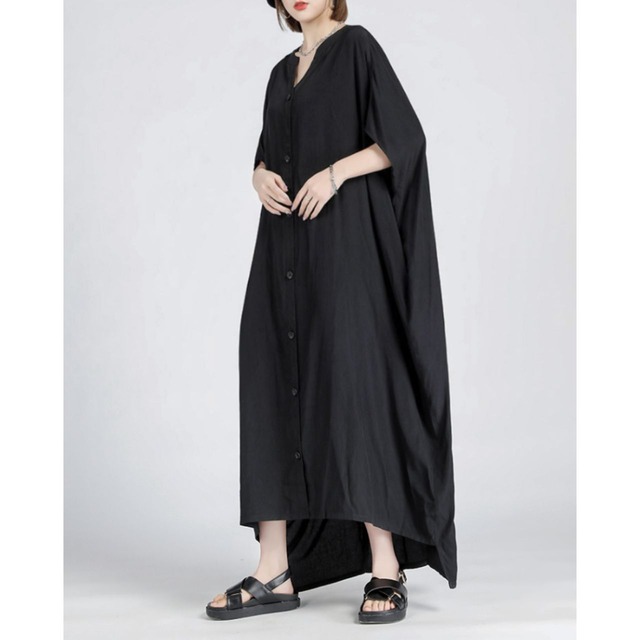 Button front drop shoulder long shirt dress C1079