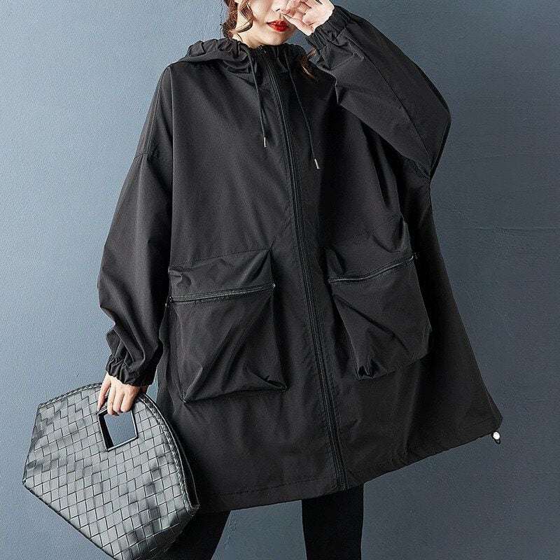 BLACK HOODED MIDI FULLZIP WINDBREAKER JACKET 1color M-14921