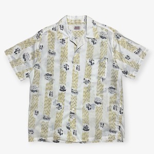 50s｜Jayson｜オープンカラーシャツ｜ホワイト オリエンタル総柄 竹 アジアン 半袖 USA製 コットン シェルボタン｜A