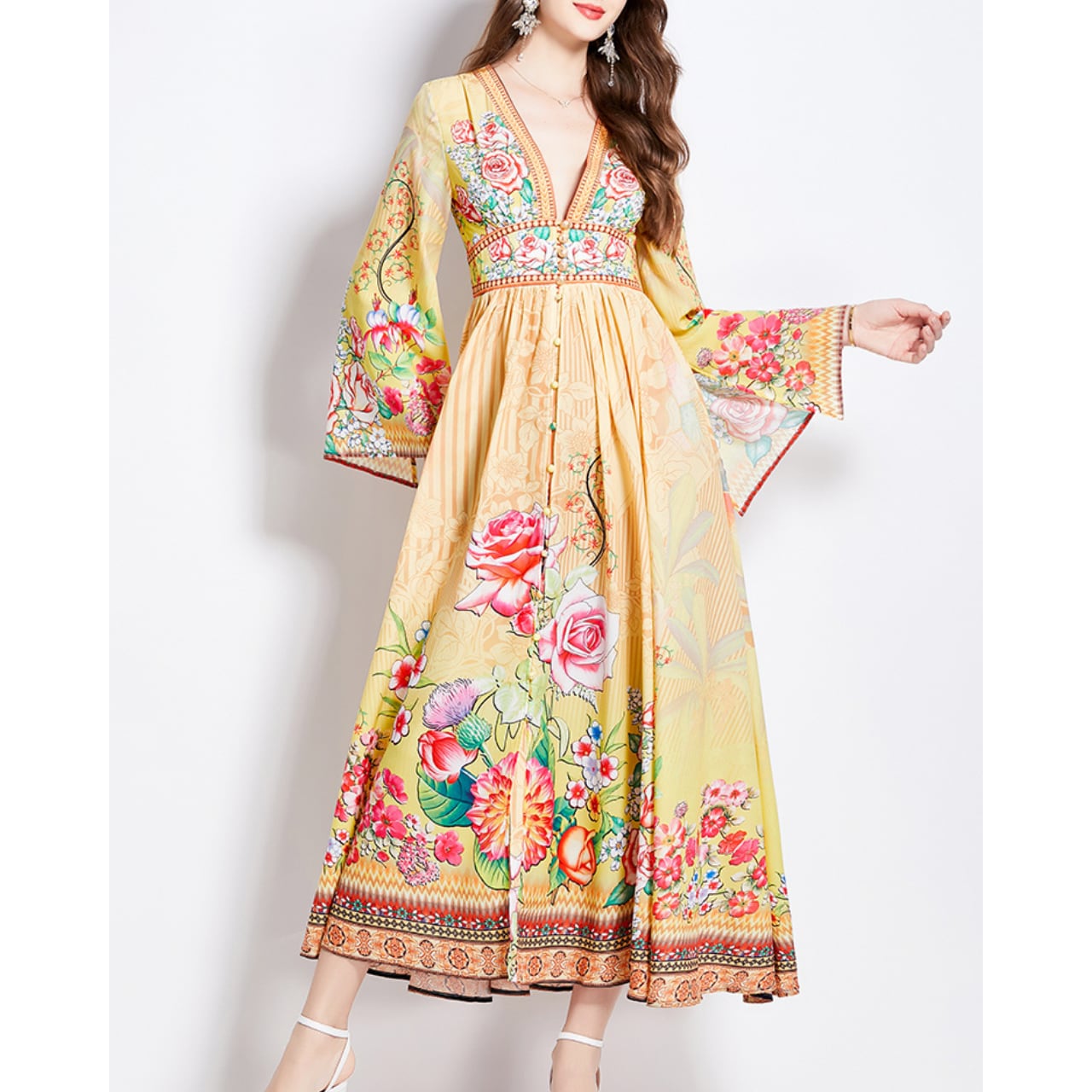 エキゾチックフローラルベルスリーブワンピース L1817