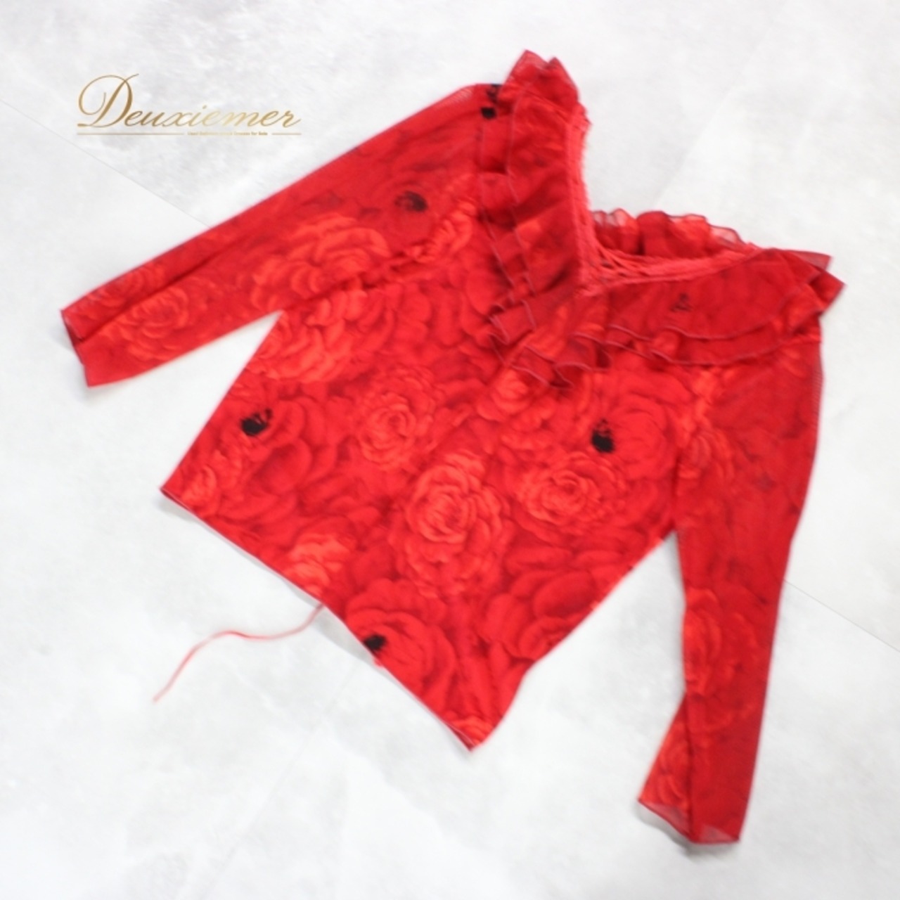 社交ダンス 衣装 スタンダード トップス レッスンウェア Create-Sun クリエイトサン 赤 レッド系 レース フリル 花柄 薔薇 バラ 長袖 鮮やか 存在感 トレーニング ウエア ダンス フェスティバル パフォーマンス セクシー レディス 女性用 フォーマル おしゃれ 軽やか 通気性 ダンスウェア 社交ダンス用