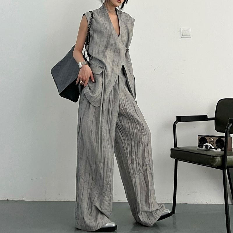 Wrinkle gilet and pants set up V2364