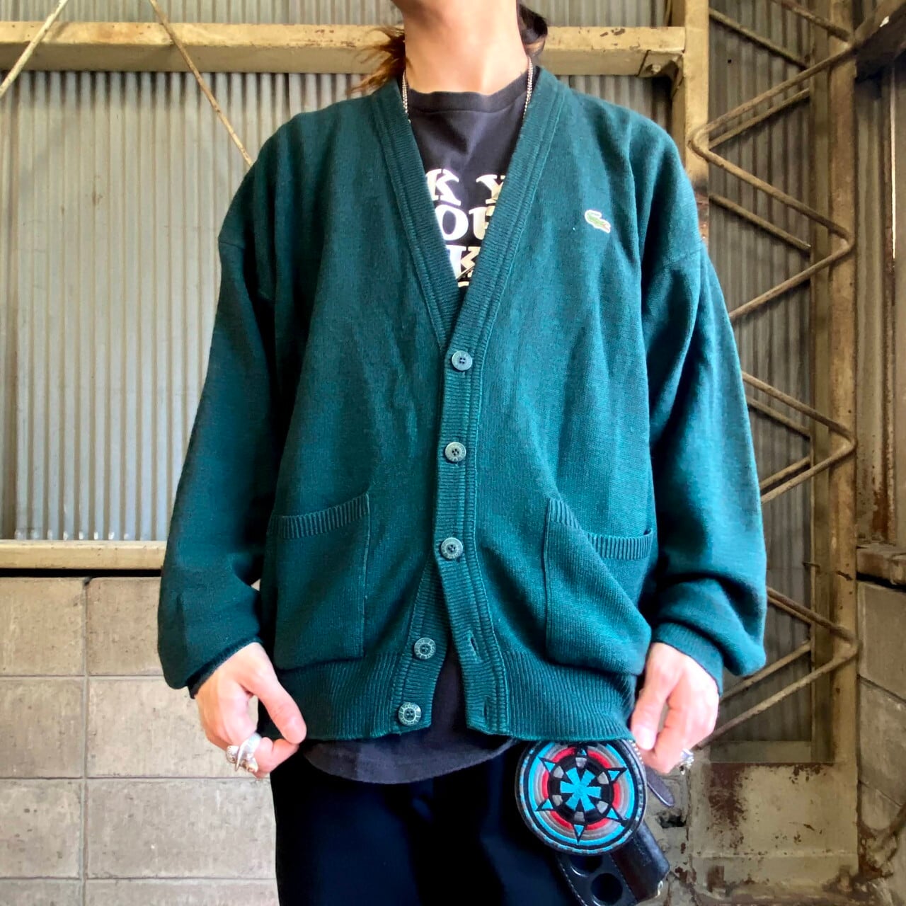 80年代 フランス製 ラコステ ウール×アクリル カーディガン メンズL  