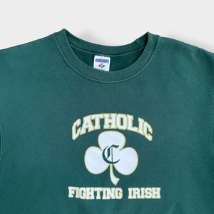 【JERZEES】スウェット 高校 CATHOLIC FIGHTING IRISH プリント アーチロゴ トレーナー プルオーバー グッドカラー 深緑 ディープグリーン M US古着