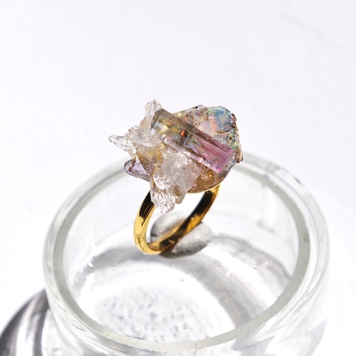 Integration Ring バイカラートルマリン × オパール鉱物原石 リング(指輪)【一点もの】ハンドメイド天然石アクセサリー