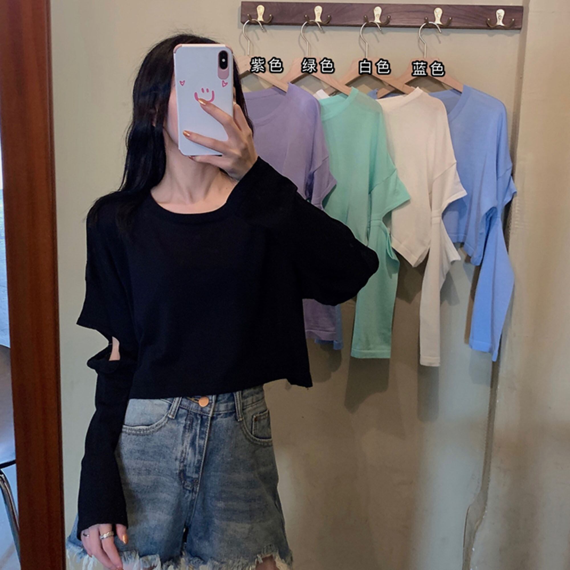 サマー薄手ハイウェストウェストショートトップス Tシャツ ロング 夏物 パープル YY-ファッション72570840312