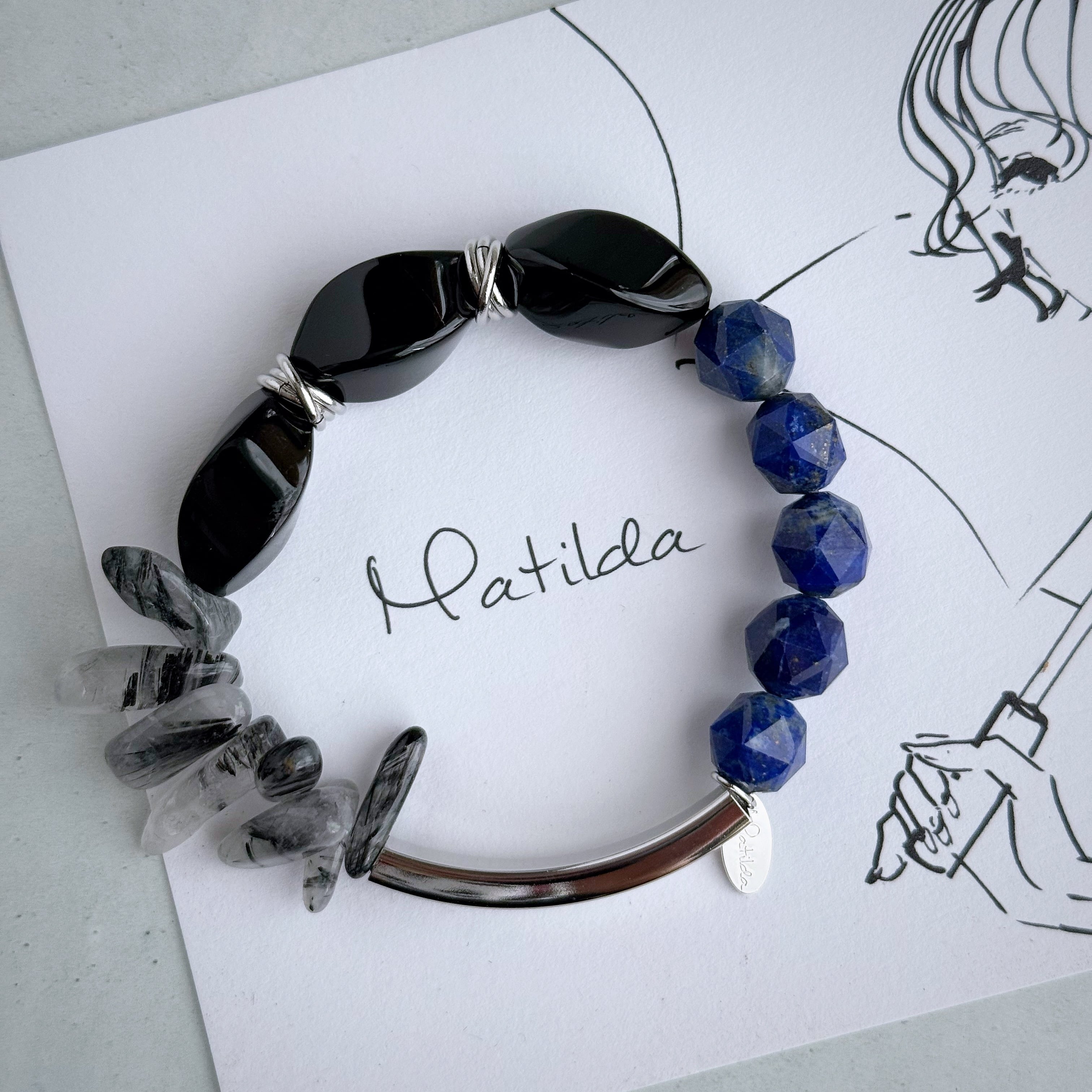 Tube & stone bracelet(オニキス×ラピスラズリ×ブラックルチルクォーツ)