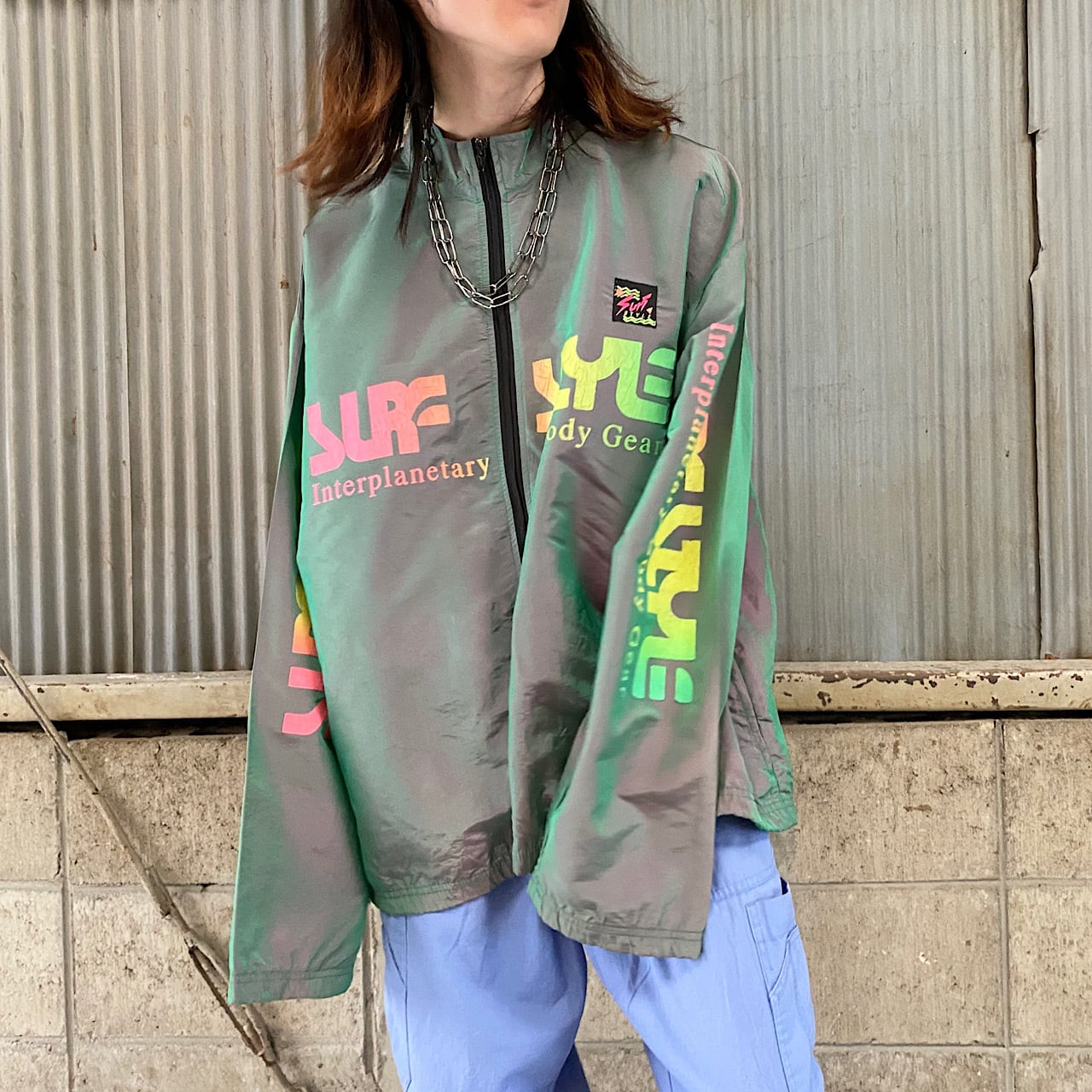 ビッグサイズ 80年代 80s Surf Style サーフスタイル ロゴプリント ナイロンジャケット ウインドブレーカー 玉虫色 ヴィンテージ ビンテージ 大きいサイズ メンズxxl相当 古着 ナイロンジャケット Cave 古着屋 公式 古着通販サイト