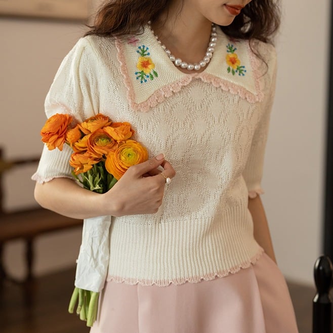 ビ*ィ様 CHANEL 花柄刺繍 半袖ニット 687ca04a391383e45a64b648d2dbe7