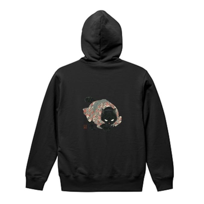 「黒影の一閃 – 和モダン猫」プルオーバーパーカー/"Flash of Black Shadow – Modern Japanese Cat" pullover hoodie