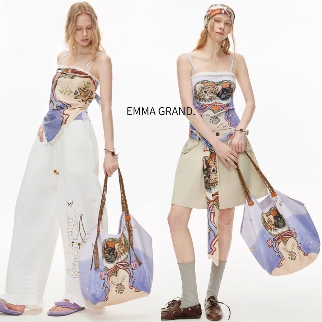 星飾りのハートフレームに結ばれた黒猫と豹の友情の肖像トートバッグ E00650