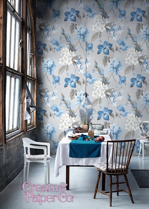 アッシュグレー × ブルー Tropical flower FL1-778002MT for DIY 53㎝×10m リピート53㎝