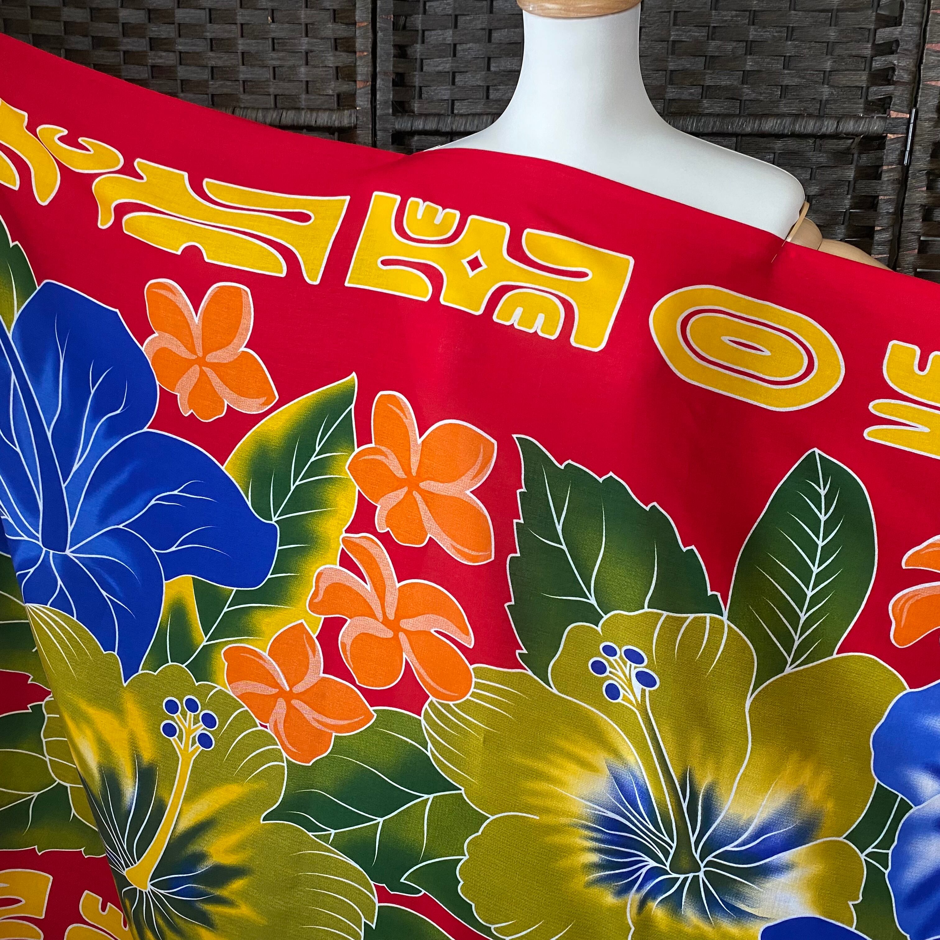 パレオ フリンジ付き 大柄ハイビスカス レッド タヒチアン フラダンス