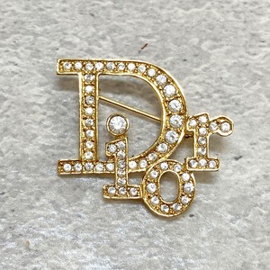 Christian Dior ディオール ロゴ ラインストーン ブローチ ゴールド アクセサリー 4918-