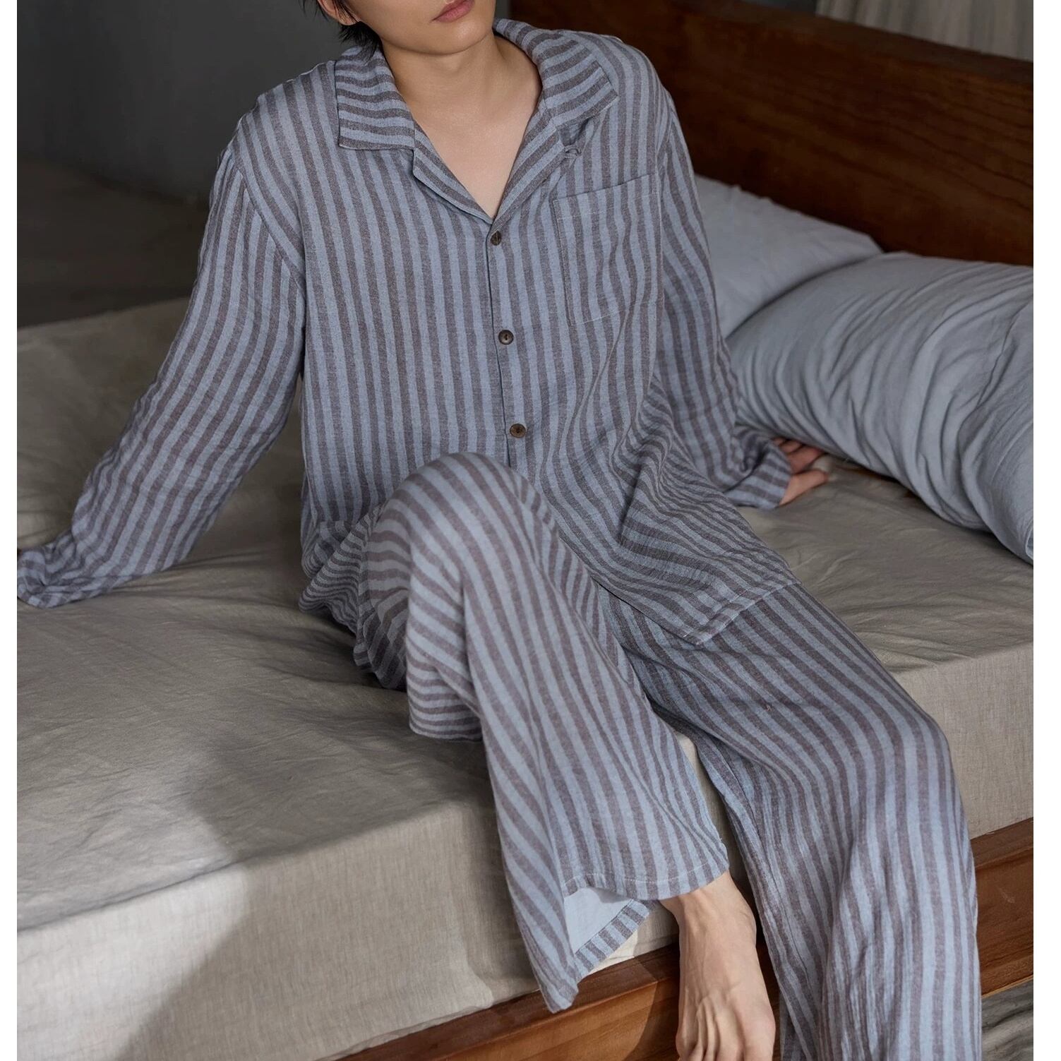 【L-2XL】men's stripe pattern cardigan style pajamas p1733