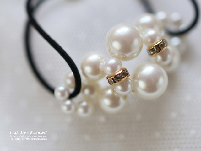 【日本製】パール＆ロンデルテグス編みヘアゴム