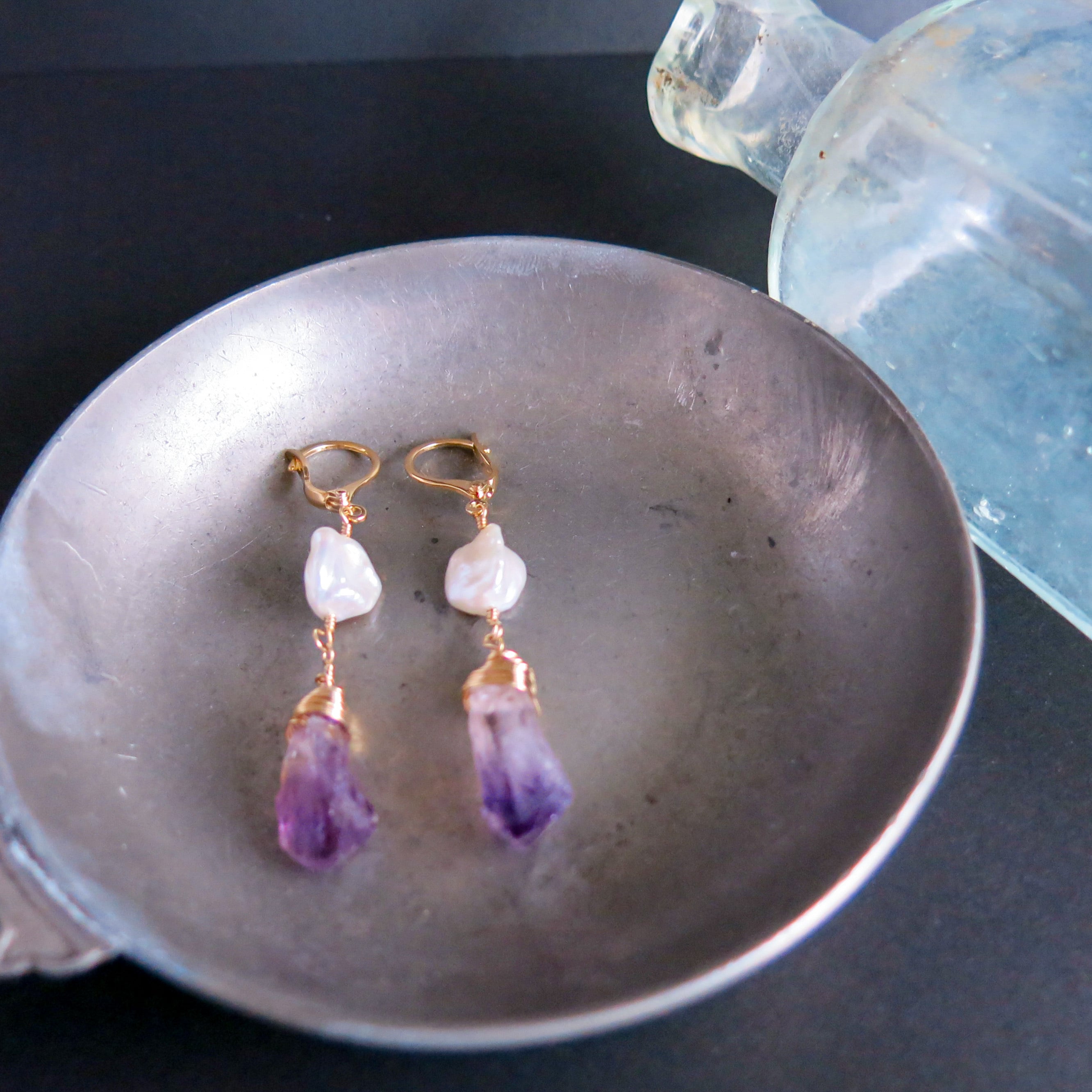 ケシパール×ポイント原石アメジストのピアス