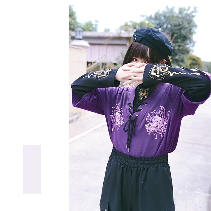 SEASONZ 古怪舎 レトロ 長袖 Tシャツ スリーブロゴ 猫キャラ 病みかわいい 中華風 地雷系 バンギャ ストリート系 原宿系 オルチャン 10代 20代