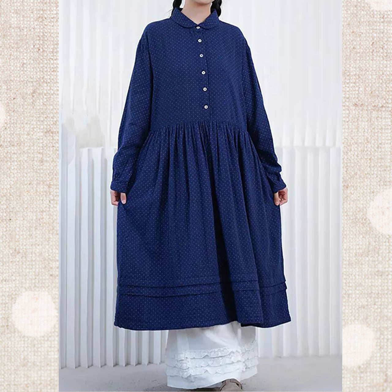 小粒ドットの切り替えギャザーワンピース fu0980