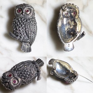 ROKUZAN silver brooch “owl” set with ruby & marcasite