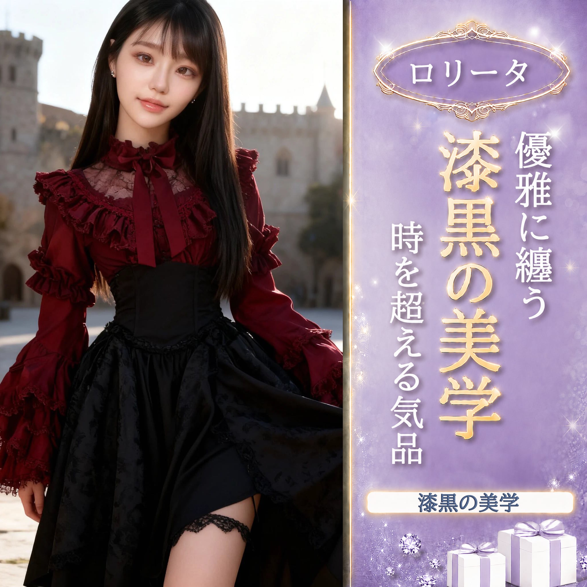 〔ロリータ〕深紅フリルブラウス×ブラックスカート ゴシックロリータセット|クラシカルゴシックドレス