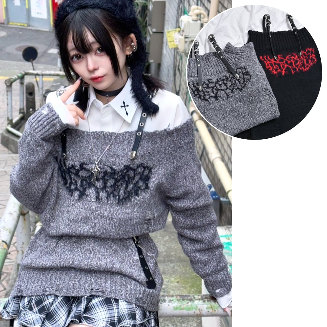 ベルトオフショルダメージロゴニット | VOLCAN&APHRODITE