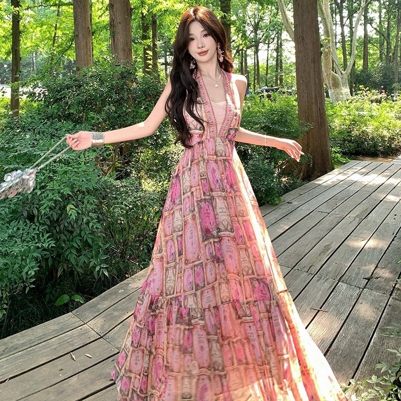 レディース ロングワンピース ノースリーブ リゾートワンピース
