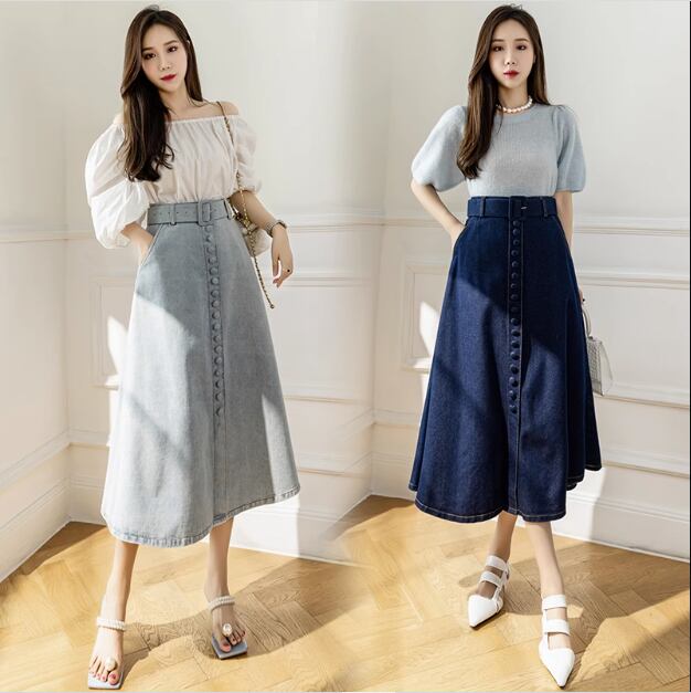 ワードスカート シングルブレスト スカート ボトムス デニムスカート ミモレ ミモレ丈 ストレート Aライン ベルト ウエストマーク ハイウエスト 大人可愛い カジュアル 大人 上品 おしゃれ お洒落 レトロ 大人女子 クール 無地 春 10代 20代 レディース 女性用 デート お出かけ 女子会 お泊まり 休日 イベント 普段使い ファッション コーデ スタイル サイズ S M L XL 青 ブルー ライトブルー