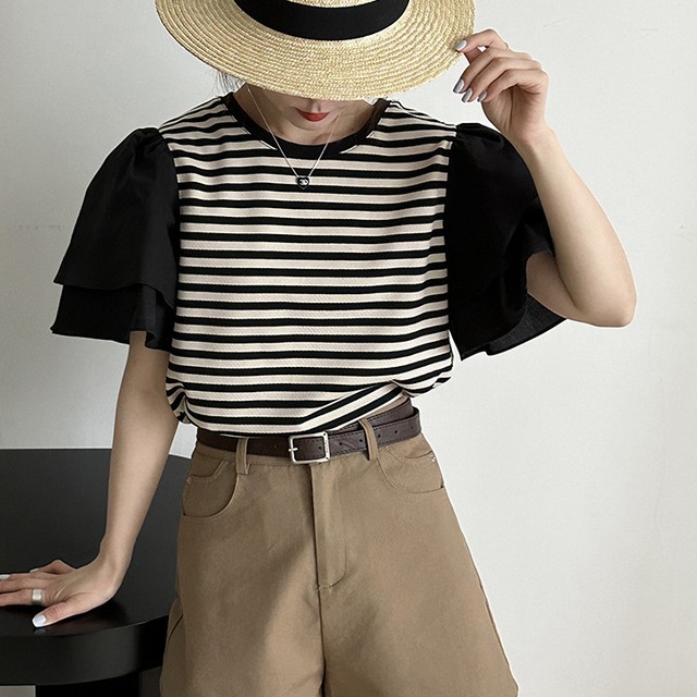 Flying sleeve striped T-shirt A1038