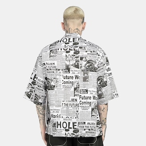 SALE 送料無料【HIPANDA ハイパンダ】メンズ シャツ MEN'S NEWSPAPER ALL OVER PRINT SHORT SLEEVED SHIRT / GRAY