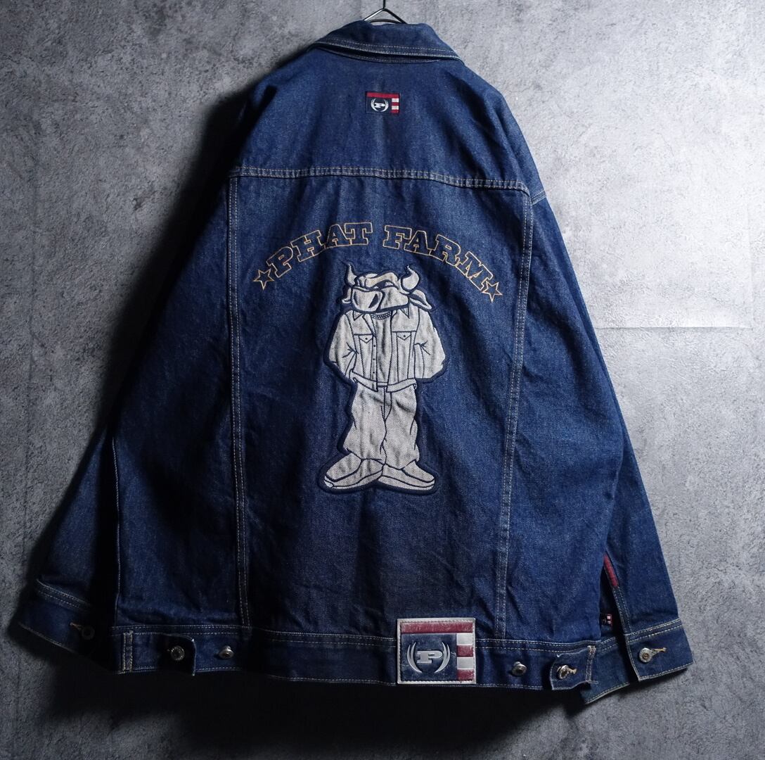 90s "PHAT FARM" Denim Logo Embroidered Design Trucker Jacket