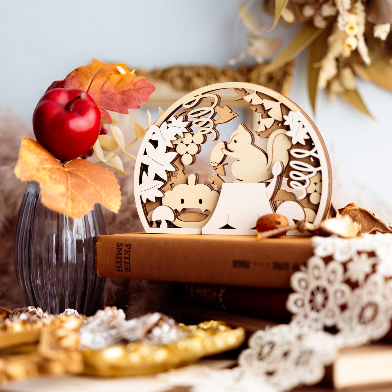 季節の置物⌇木製「小さな秋」省スペース 玄関にも◎￤季節の飾り 記念