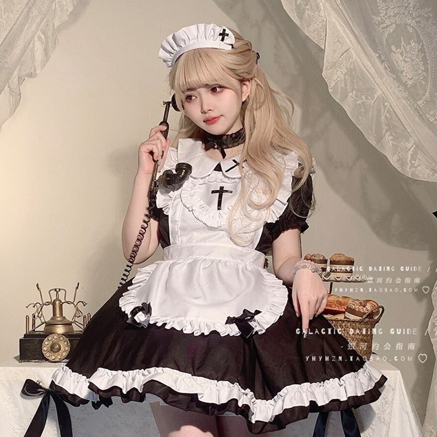 SEASONZ ロリータ メイド服 フルセット ワンピ エプロン 頭飾り 首飾り