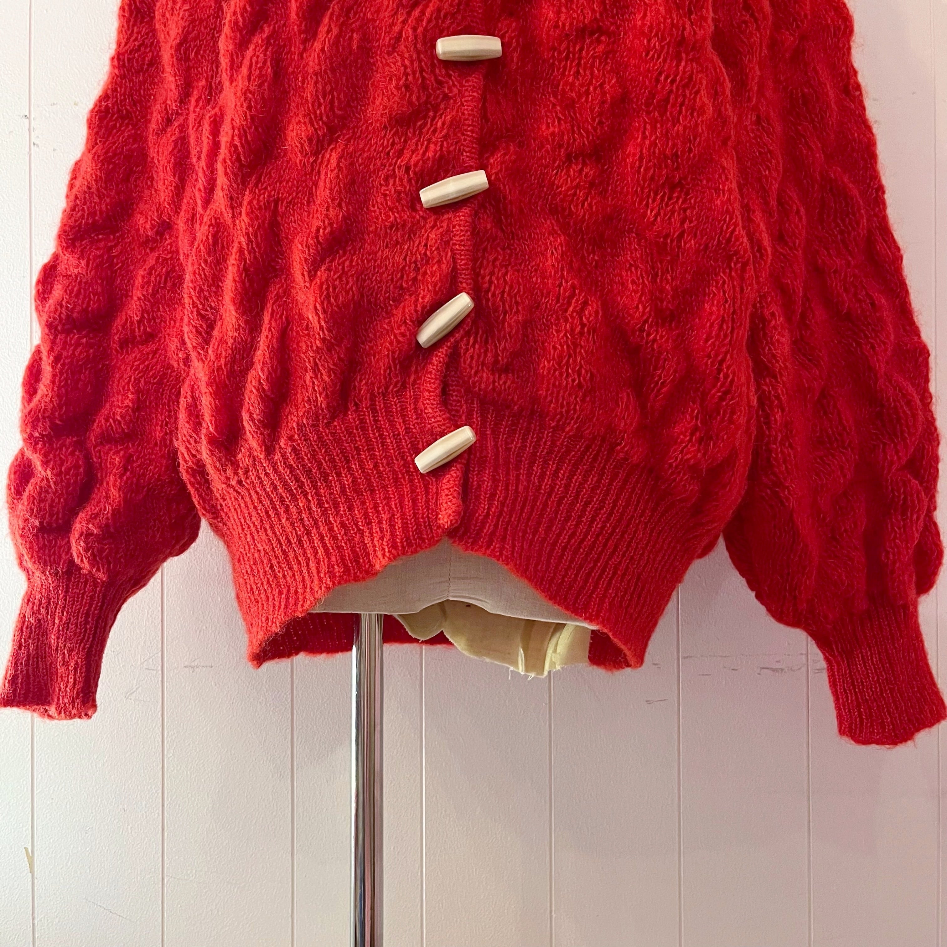 toggle button red cable knit cardigan