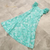 フラダンス 衣装 MermaidLine MMJ マーメイドライン エムエムジェイ ワンピース ドレス グリーン系 ハイビスカス柄 モンステラ柄 プルメリア柄 花柄 植物柄 ハワイアンプリント ハワアイン アロハ フラ ダンス レッスン 練習 ブルー系 ホワイト系 フリル袖 フレアスカート 華やか 鮮やか かわいい おしゃれ さわやか