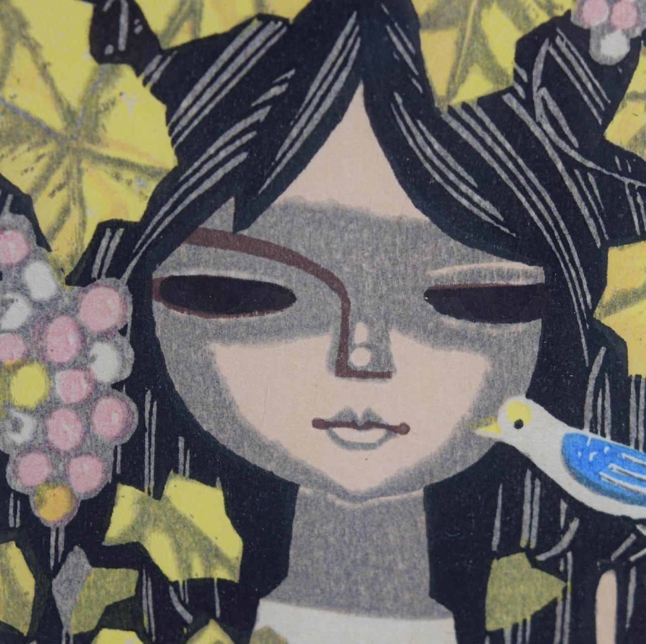池田修三 初期作品 大判木版画『葡萄』1978年制作 刷り込みサイン入 木
