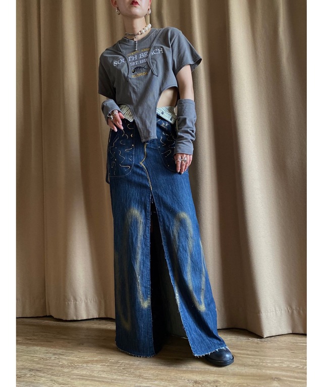 gold paint design remake denim skirt-4194-6