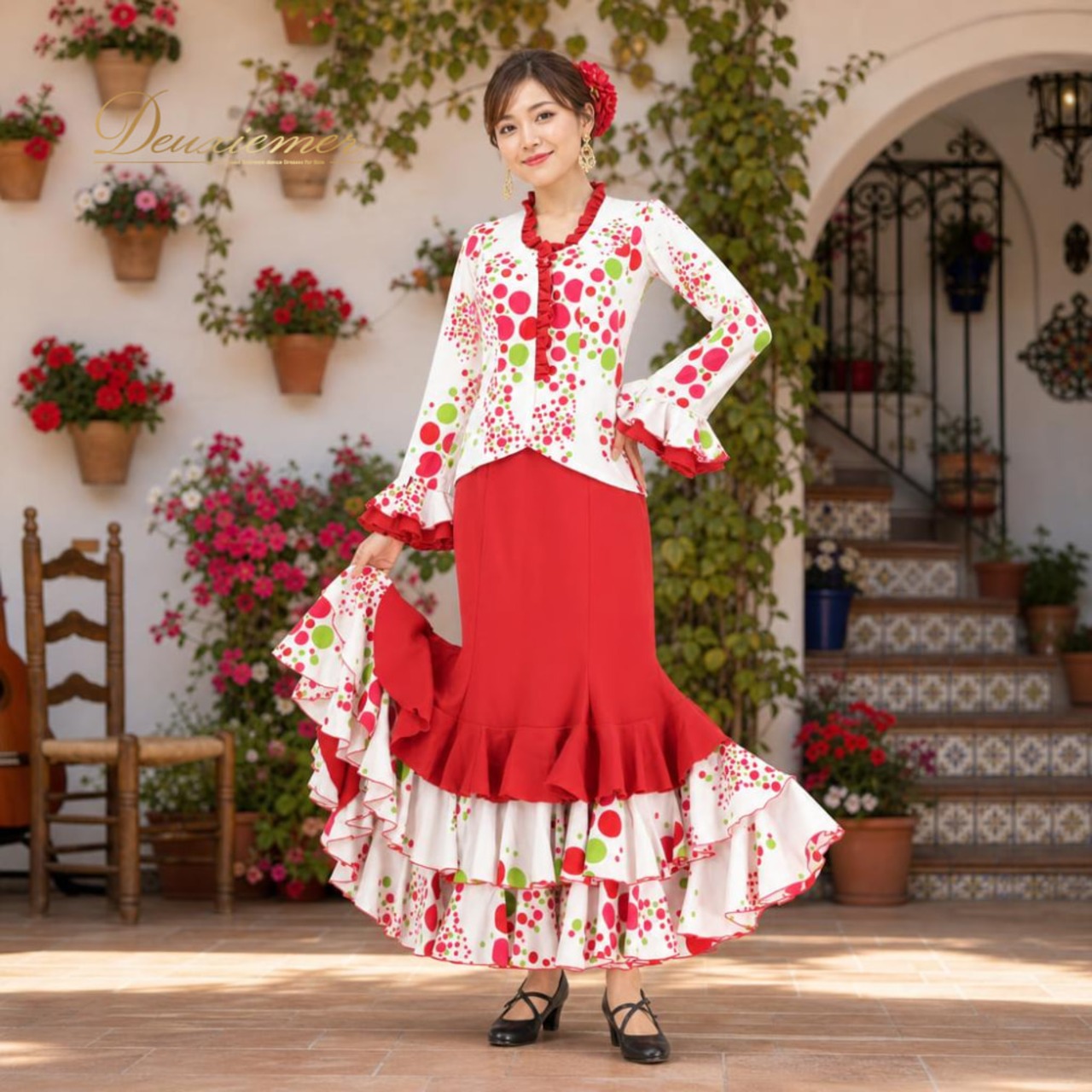 フラメンコ 衣装 Naomi Collection ナオミコレクション ツーピース セットアップ 上下セット レッド系 ホワイト系 グリーン系 赤 ピンク 白 緑 ボランテ フリル ダンス パーティ 発表会 踊り レディース ダンス パーティ 発表会 ステージ コスチューム 華やか エレガント